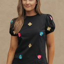 Medium Black Embroidered Flower Short Puff Sleeve Tee