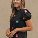 Medium Black Embroidered Flower Short Puff Sleeve Tee