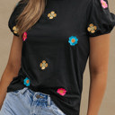 Medium Black Embroidered Flower Short Puff Sleeve Tee