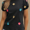 Medium Black Embroidered Flower Short Puff Sleeve Tee