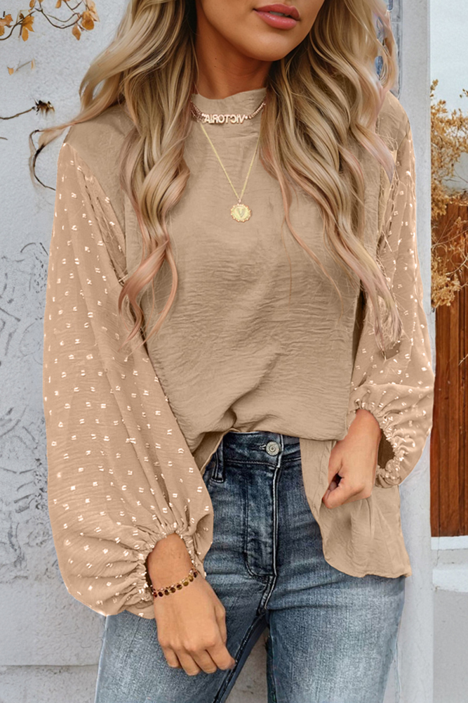  Swiss Dot Balloon Sleeve Loose Blouse