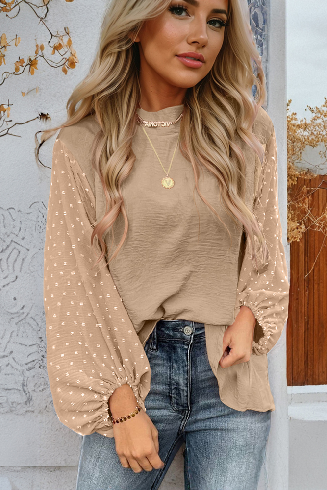  Swiss Dot Balloon Sleeve Loose Blouse