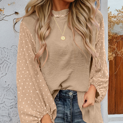  Swiss Dot Balloon Sleeve Loose Blouse