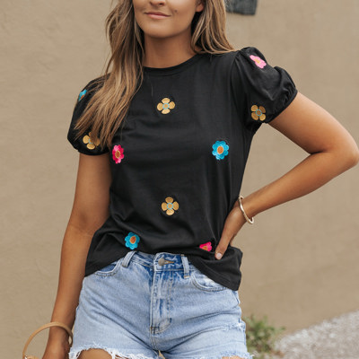 Black Embroidered Flower Short Puff Sleeve T-Shirt for Women