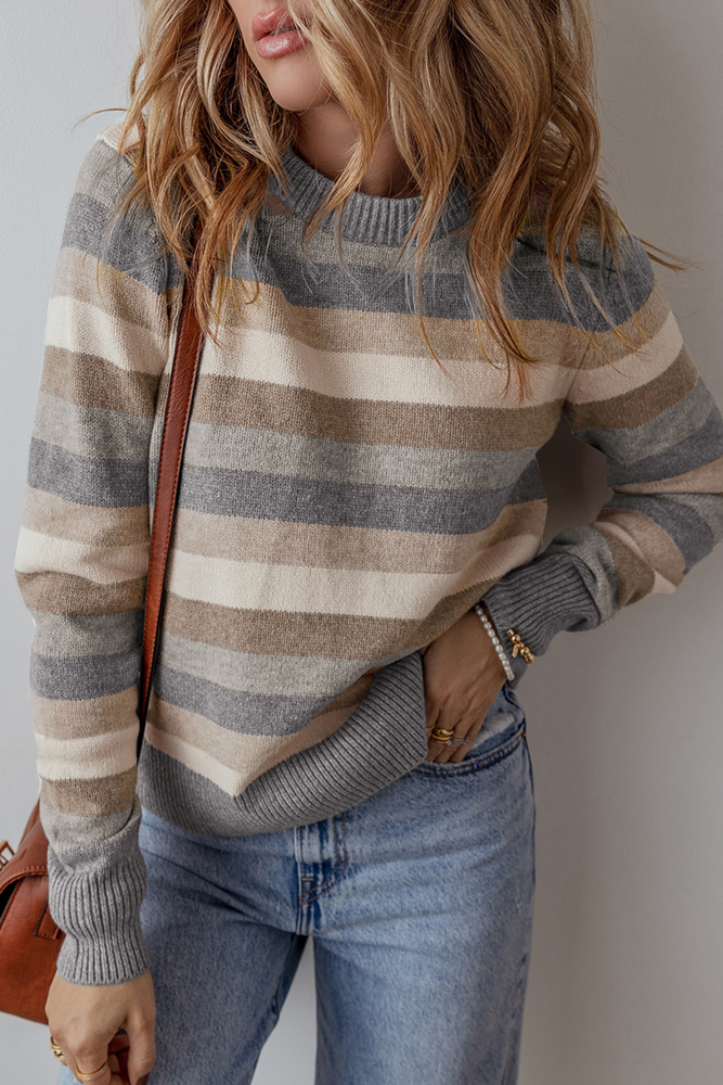 Jane Gray Stripe Color Block Round Neck Sweater for Women