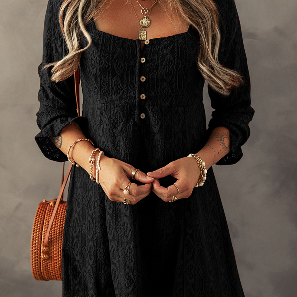 Black Lace Crochet Buttoned Square Neck Shift Mini Dress for Women