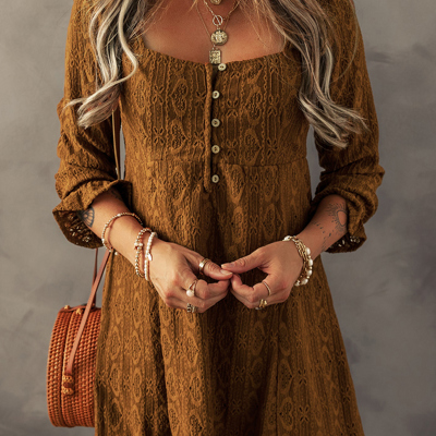 Chestnut Lace Crochet Buttoned Square Neck Shift Mini Dress