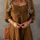  Chestnut Lace Crochet Buttoned Square Neck Shift Mini Dress