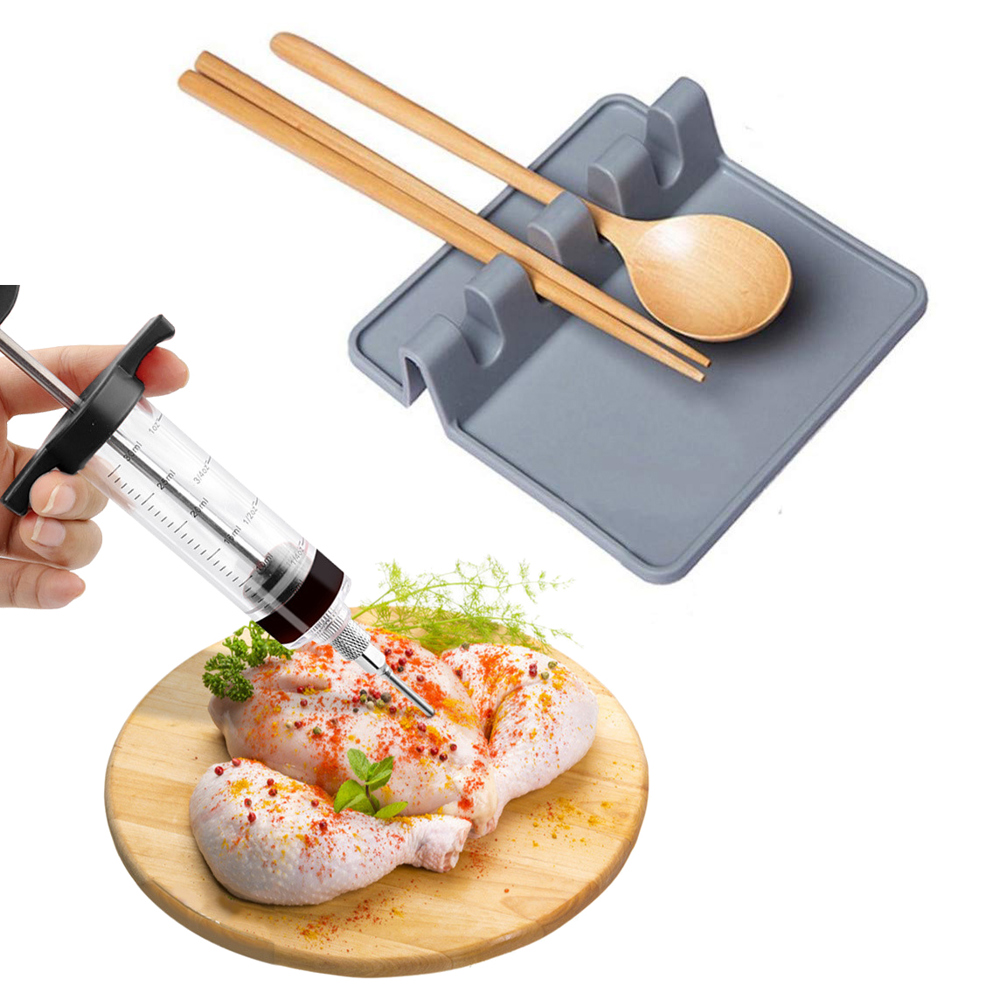 Waloo FlavorMax Meat Injector & Silicone Utensil Rest Set – Perfect for Juicy, Flavorful Meats and a Clean Cooking Space