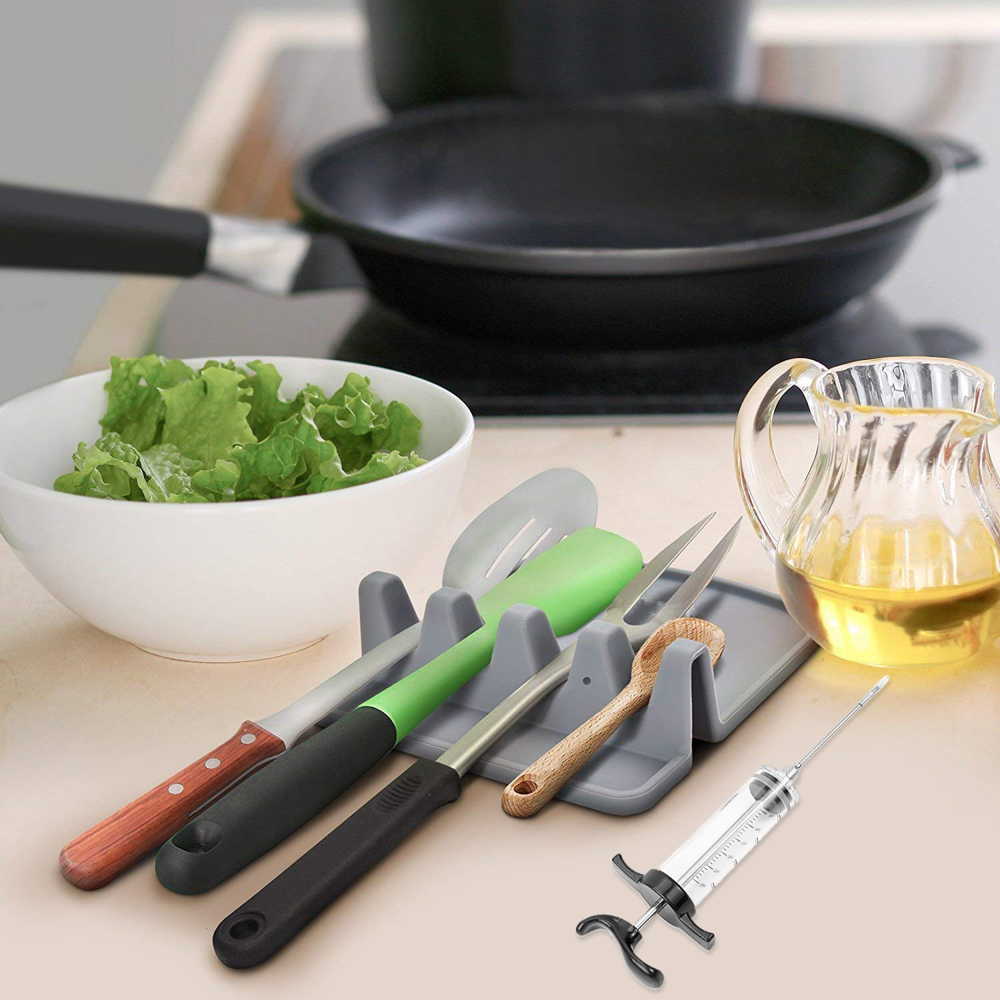 Waloo FlavorMax Meat Injector & Silicone Utensil Rest Set – Perfect for Juicy, Flavorful Meats and a Clean Cooking Space