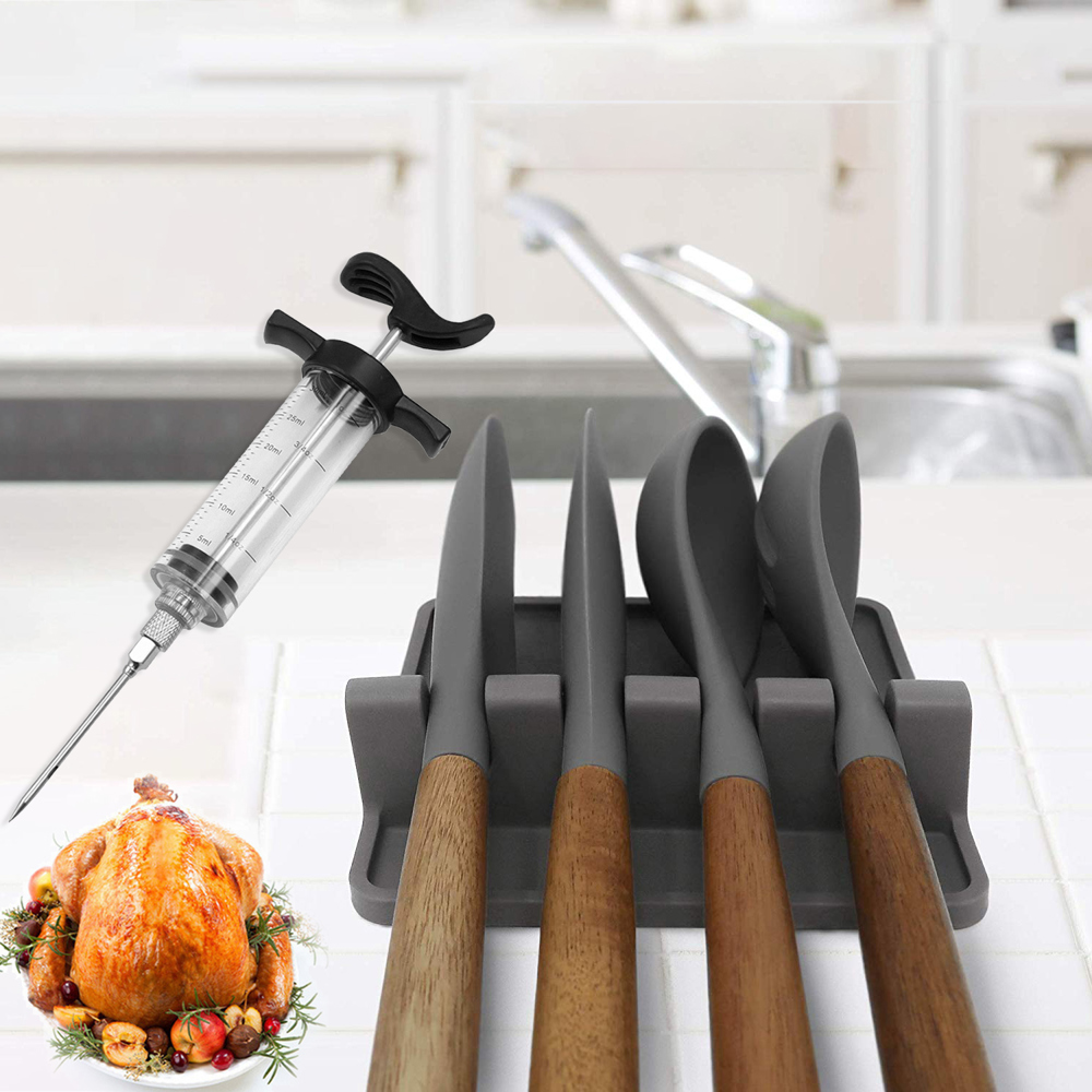 Waloo FlavorMax Meat Injector & Silicone Utensil Rest Set – Perfect for Juicy, Flavorful Meats and a Clean Cooking Space