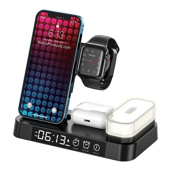 Waloo Wireless Charging Dock With Multi Colored Night Light & Alarm Clock For iPhone, Apple Watch & AirPods