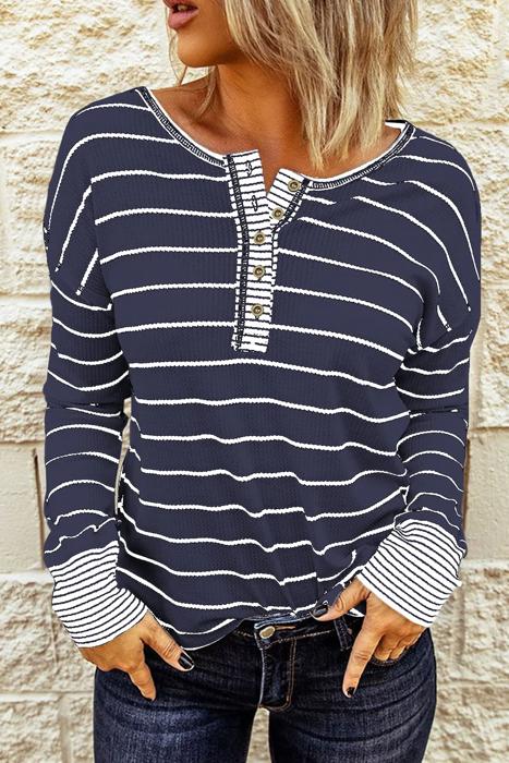 HIDDEN GEMS | Stripe Waffle Knit Buttoned Henley Top