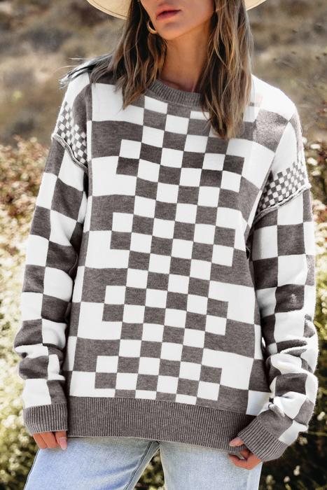 HIDDEN GEMS | Checker Round Neck Drop Shoulder Sweater