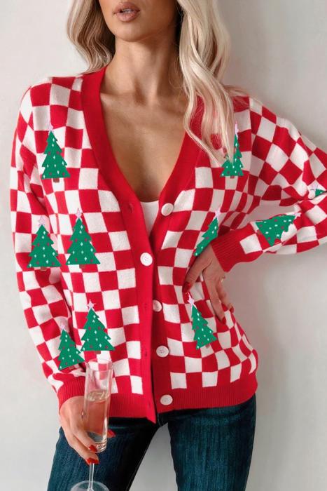 HIDDEN GEMS | Christmas Tree Checker Buttoned V-Neck Cardigan