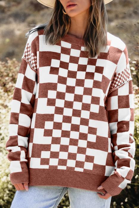 HIDDEN GEMS | Checker Round Neck Drop Shoulder Sweater