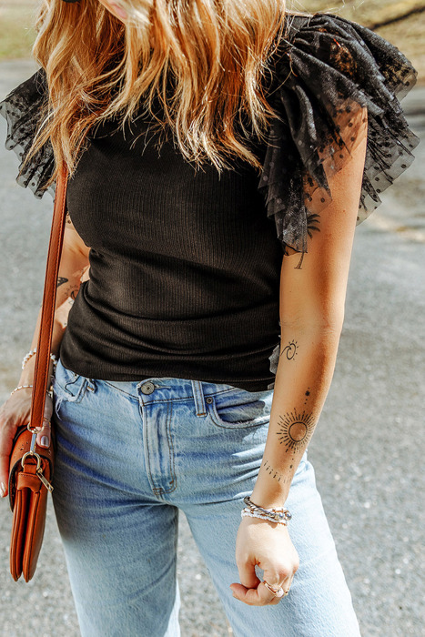 HIDDEN GEMS | Dotted Mesh Ruffle Sleeve Top