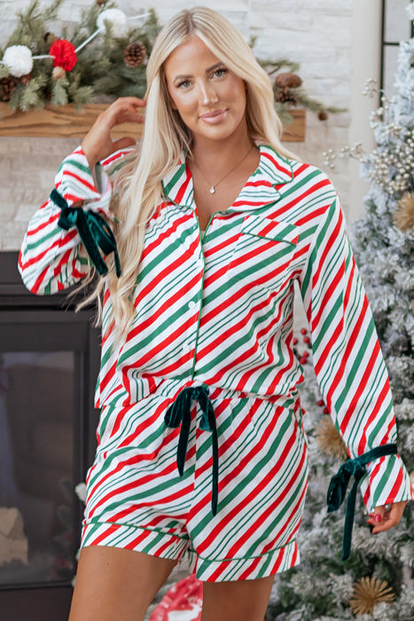 HIDDEN GEMS | Christmas Stripe Velvet Bow Pajama Set