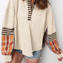 Beige Small HIDDEN GEMS | Plaid Patchwork Waffle Knit Top