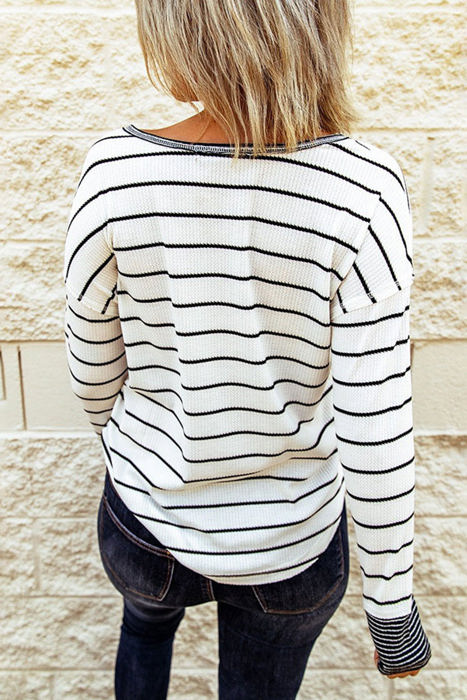 HIDDEN GEMS | Stripe Waffle Knit Buttoned Henley Top
