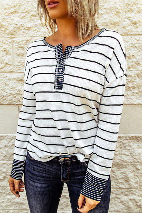 HIDDEN GEMS | Stripe Waffle Knit Buttoned Henley Top