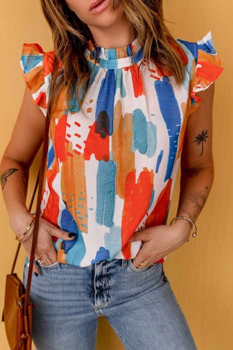 SALE! Watercolor Ruffled Mock Neck Top