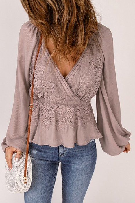 SALE! Lace Surplice Balloon Sleeve Blouse