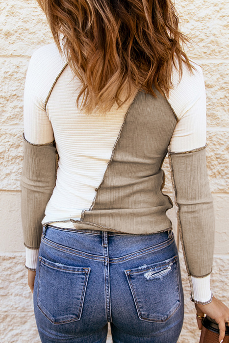 Clearance! Colorblock Ribbed Knit Long Sleeve Top
