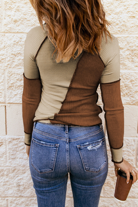 Clearance! Colorblock Ribbed Knit Long Sleeve Top