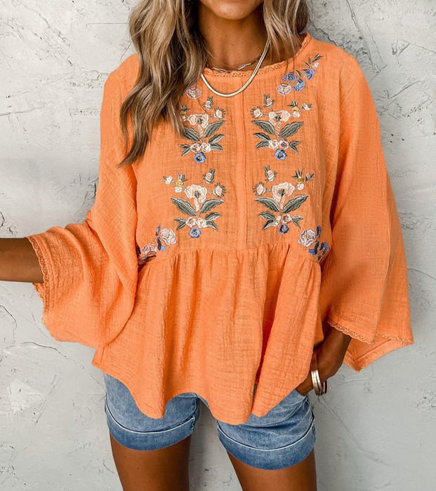 SALE! Vibrance Embroidery Buttoned-Back Top