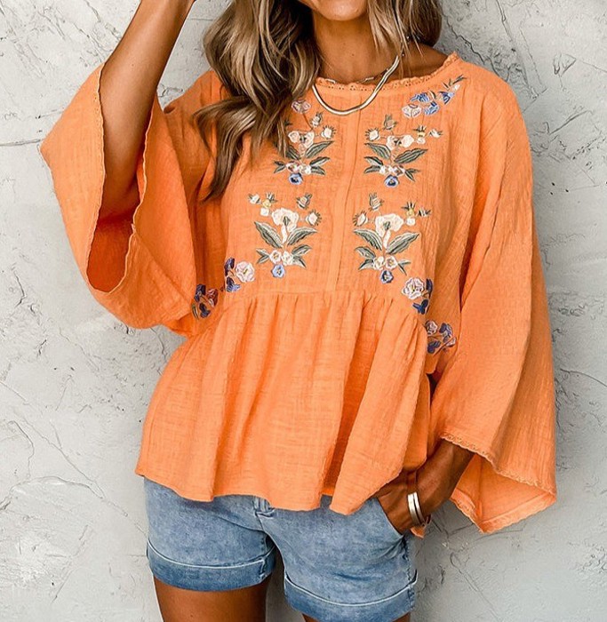 SALE! Vibrance Embroidery Buttoned-Back Top