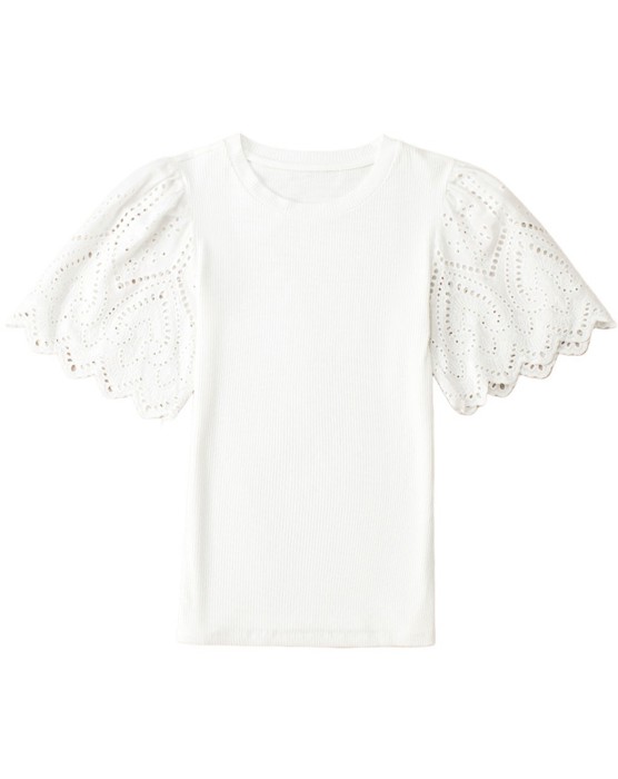 Sale! Scalloped Eyelet Sleeve Ribbed Top (Larges left!)