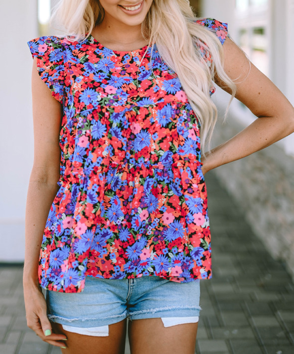 HIDDEN GEMS Floral Babydoll Ruffle Top