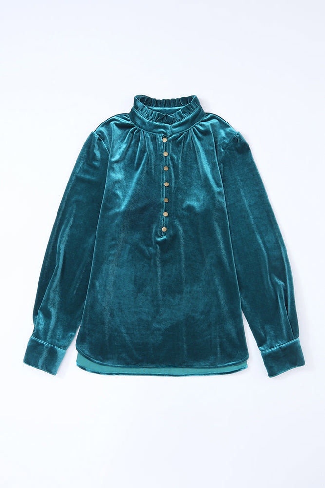 HIDDEN GEMS Velvet Ruffle Buttoned Top