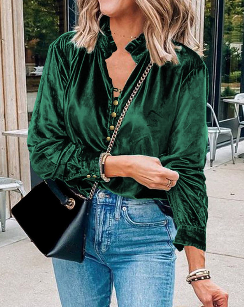 HIDDEN GEMS Velvet Ruffle Buttoned Top