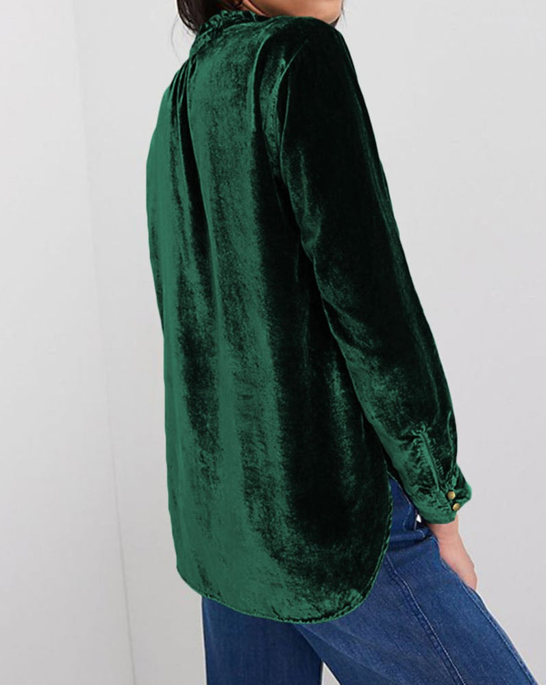 HIDDEN GEMS Velvet Ruffle Buttoned Top