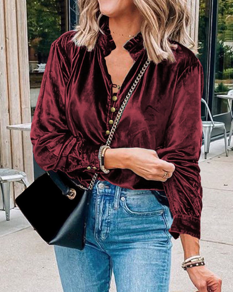 HIDDEN GEMS Velvet Ruffle Buttoned Top