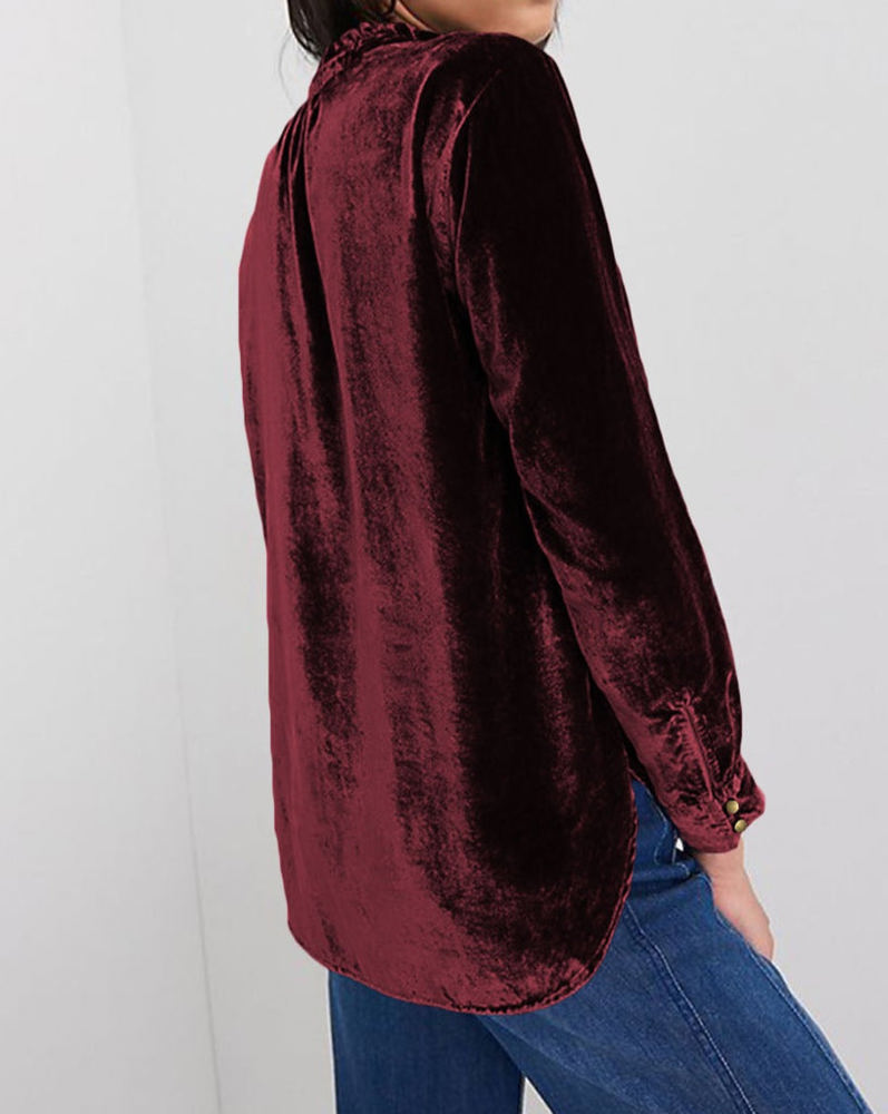 HIDDEN GEMS Velvet Ruffle Buttoned Top