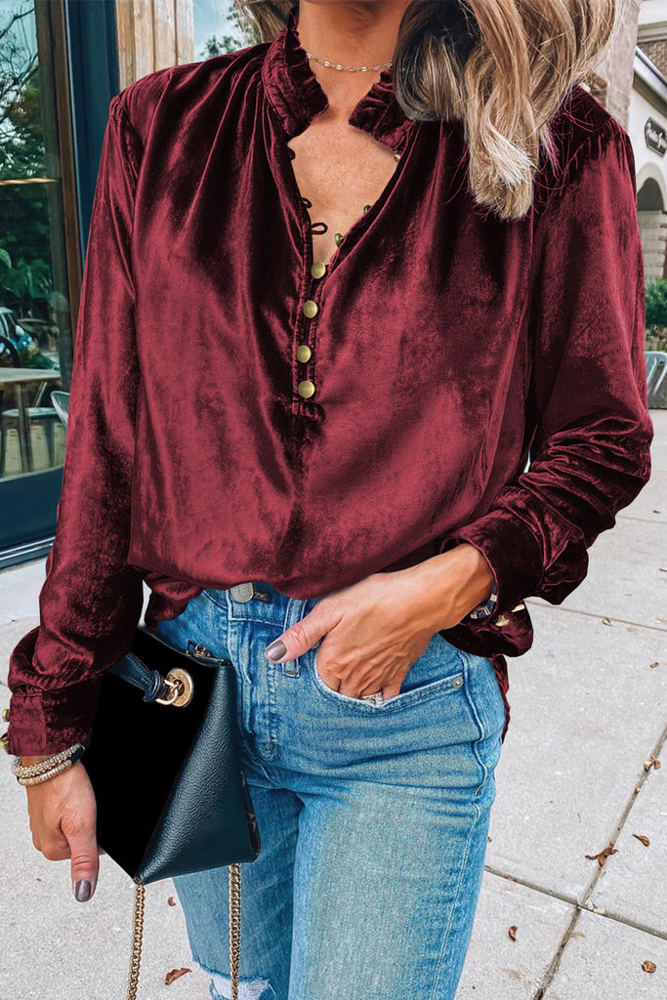 HIDDEN GEMS Velvet Ruffle Buttoned Top