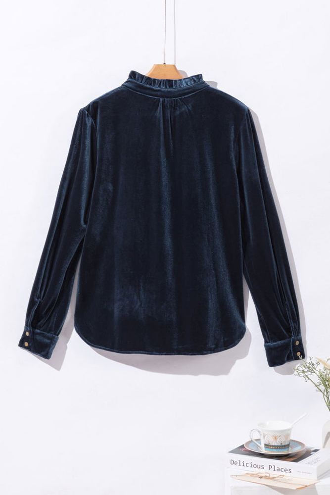 HIDDEN GEMS Velvet Ruffle Buttoned Top