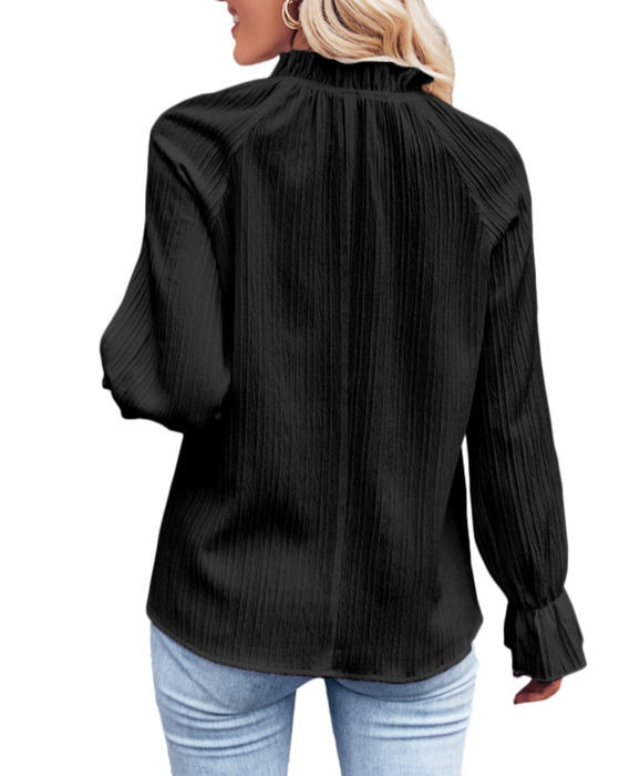 HIDDEN GEMS Ruffle Textured Long Sleeve Blouse