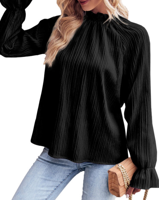 HIDDEN GEMS Ruffle Textured Long Sleeve Blouse