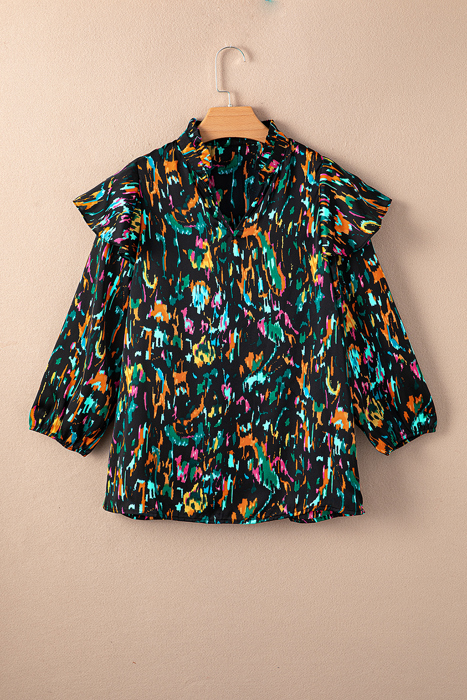 HIDDEN GEMS Abstract Satin Ruffle Blouse