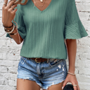  HIDDEN GEMS | Textured Ruffle Sleeve V-Neck Top