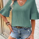  HIDDEN GEMS | Textured Ruffle Sleeve V-Neck Top