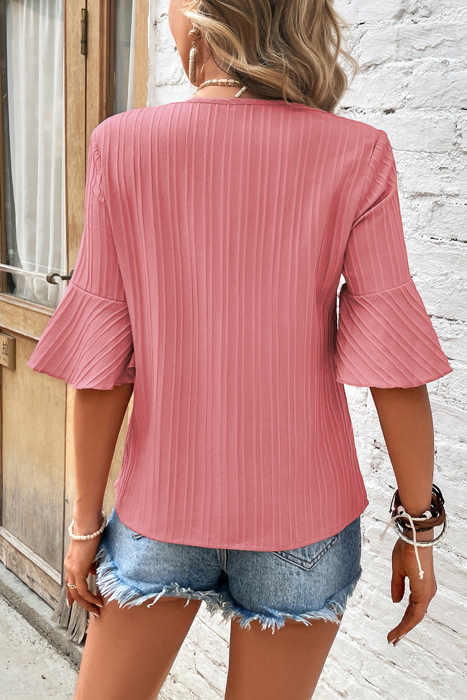 HIDDEN GEMS | Textured Ruffle Sleeve V-Neck Top