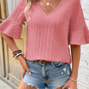  HIDDEN GEMS | Textured Ruffle Sleeve V-Neck Top