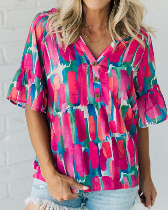 HIDDEN GEMS Painterly Button Blouse