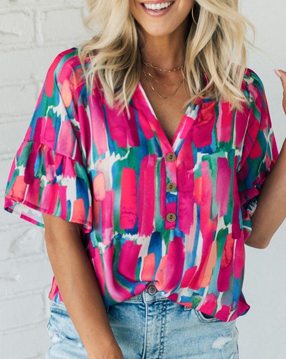 HIDDEN GEMS Painterly Button Blouse