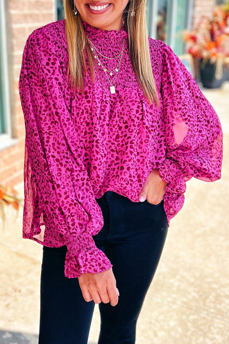 HIDDEN GEMS Leopard Smocked Flowy Blouse